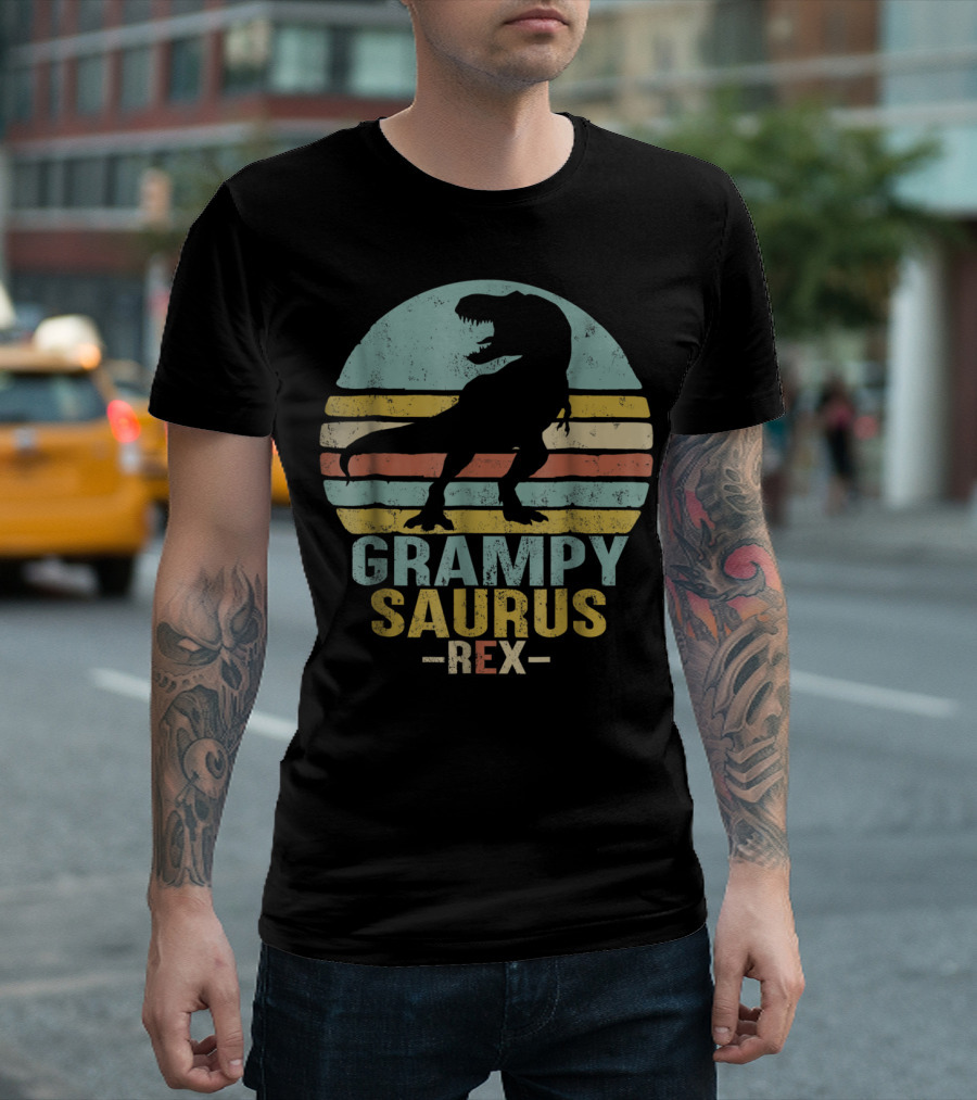 Grampysaurus Rex Funny Dinosaur Retro Sunset Stripes Grampy Sau T-Shirt