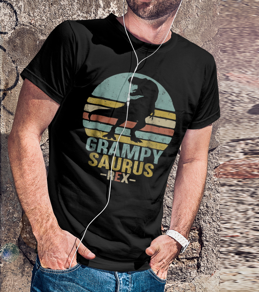 Grampysaurus Rex Funny Dinosaur Retro Sunset Stripes Grampy Sau T-Shirt