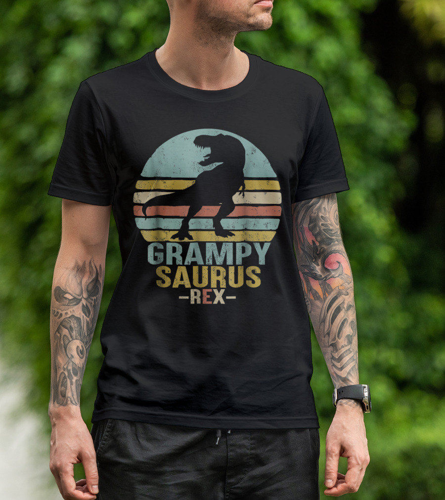 Grampysaurus Rex Funny Dinosaur Retro Sunset Stripes Grampy Sau T-Shirt