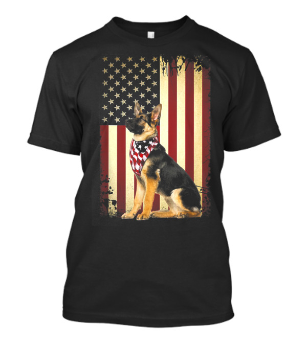 German Shepherd With American Flag Bandana In Front Of Stars And Stripes Flag T-Shirt