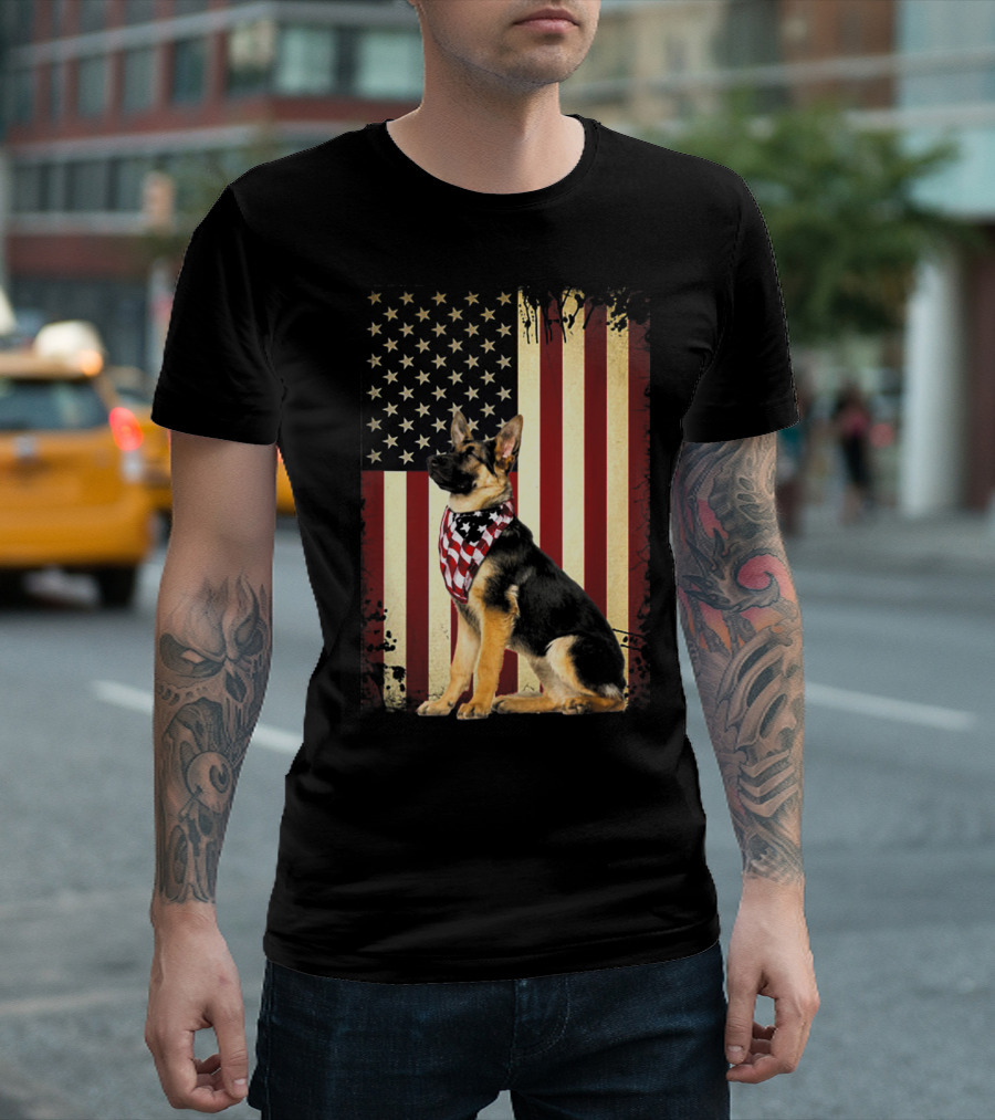 German Shepherd with American Flag Bandana in Front of Stars and Stripes Flag T-Shirt