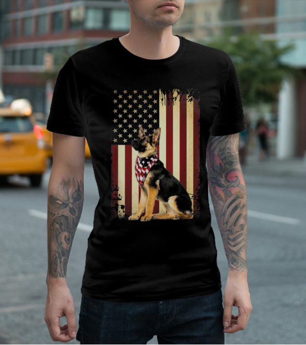 German Shepherd With American Flag Bandana In Front Of Stars And Stripes Flag T-Shirt