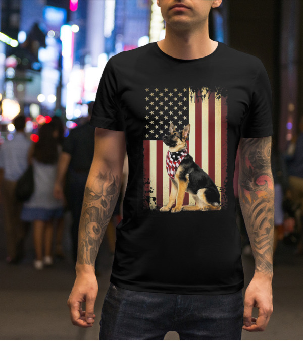 German Shepherd With American Flag Bandana In Front Of Stars And Stripes Flag T-Shirt
