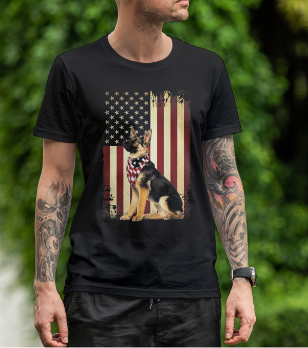 German Shepherd With American Flag Bandana In Front Of Stars And Stripes Flag T-Shirt