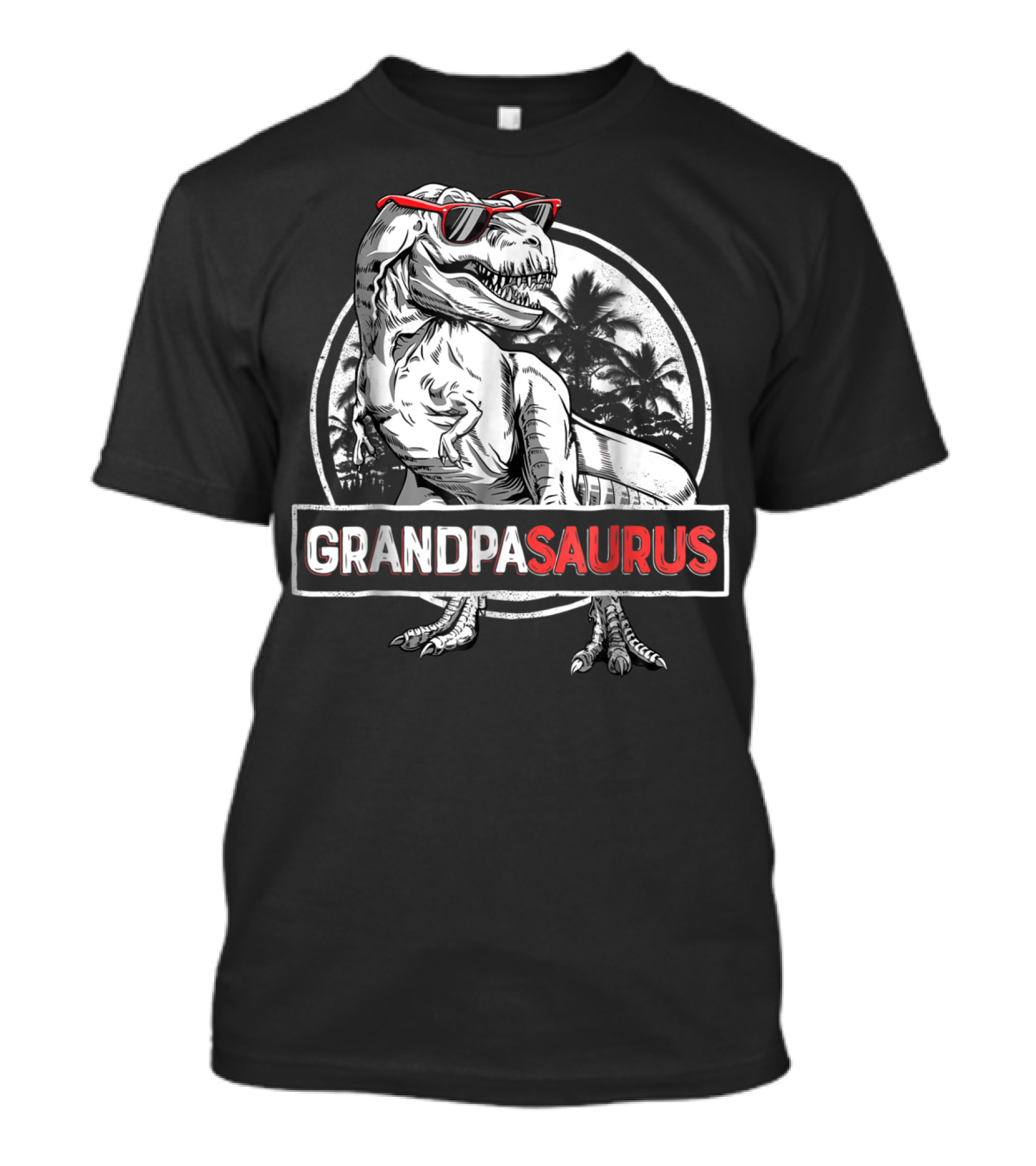 Grandpasaurus Rex Dinosaur With Sunglasses And Palm Trees T-Shirt