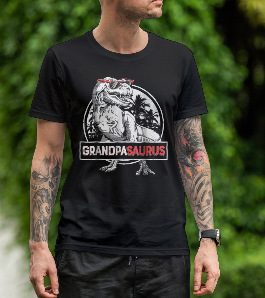 Grandpasaurus Rex Dinosaur With Sunglasses And Palm Trees T-Shirt