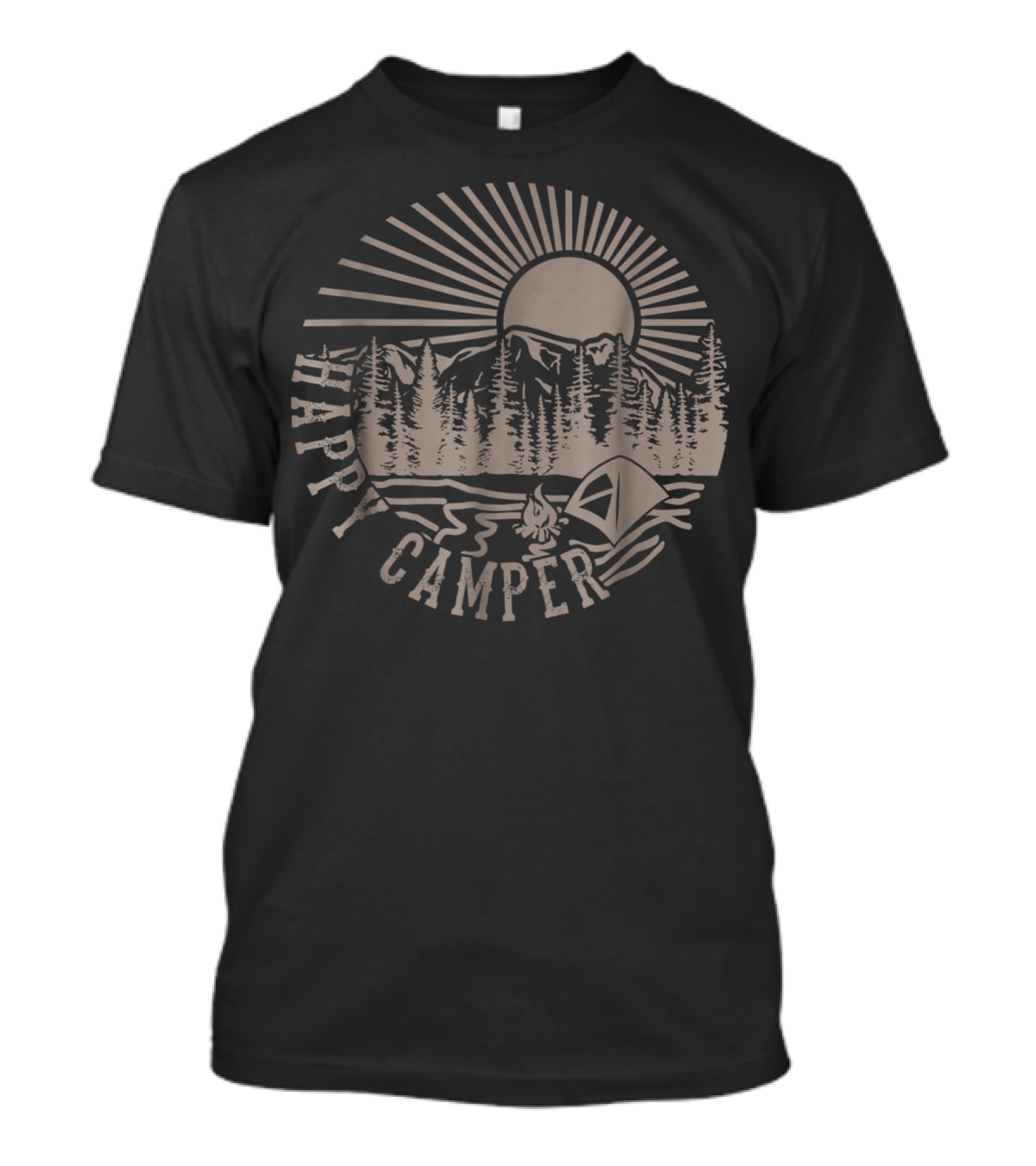 Happy Camper With Tent, Trees, Mountains, And Sunburst T-Shirt