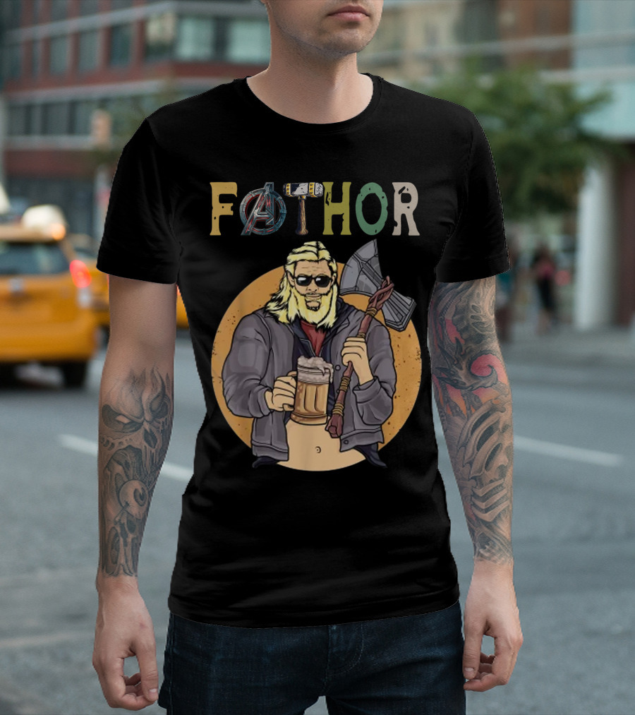 Fathor Avenger Beer Drinking Dad with Axe and Hammer T-Shirt