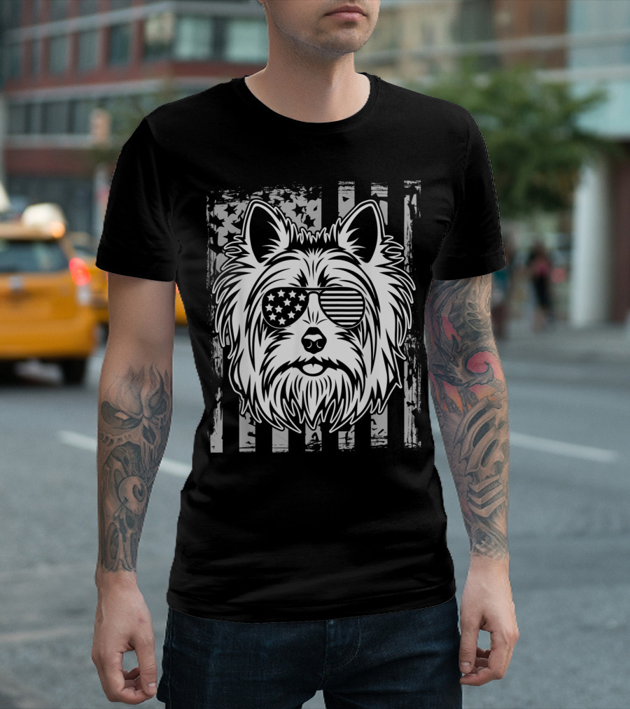 Vintage US Flag Sunglasses Yorkshire Terrier Face On Black Grunge Flag Background T-Shirt