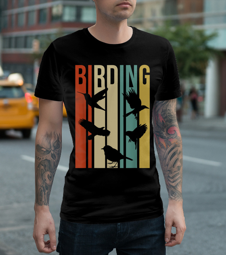 Vintage Style Birding For Birders With Silhouette Birds in Colorful Stripes T-Shirt