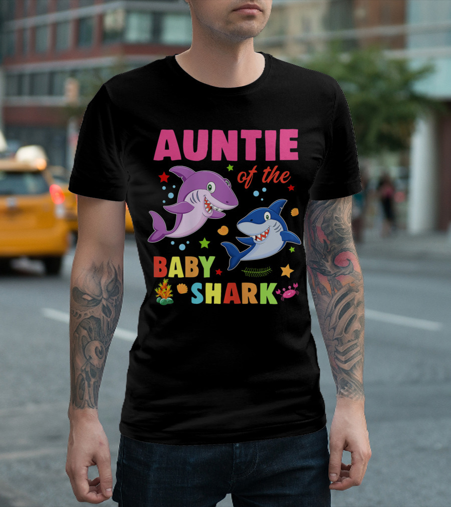 Auntie of the Baby Shark Birthday Colorful Cartoon Sea Creatures T-Shirt