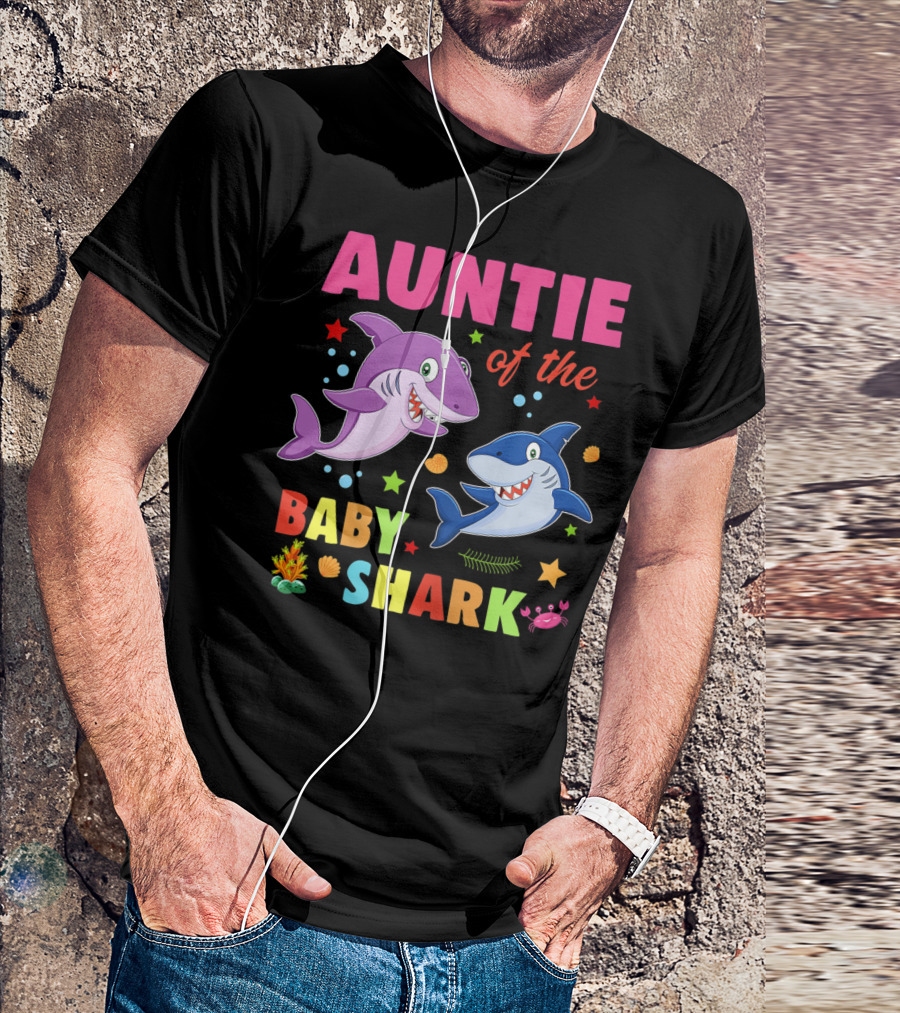 Auntie Of The Baby Shark Birthday Colorful Cartoon Sea Creatures T-Shirt