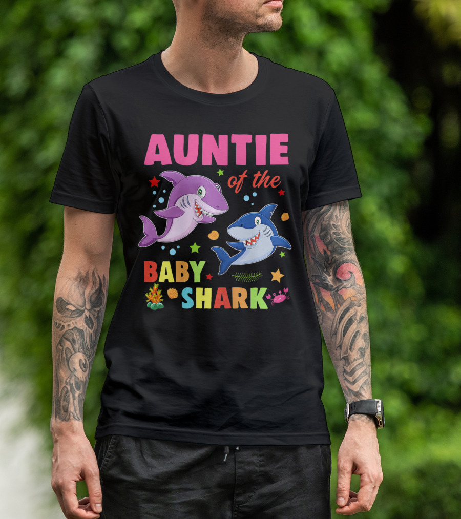 Auntie Of The Baby Shark Birthday Colorful Cartoon Sea Creatures T-Shirt