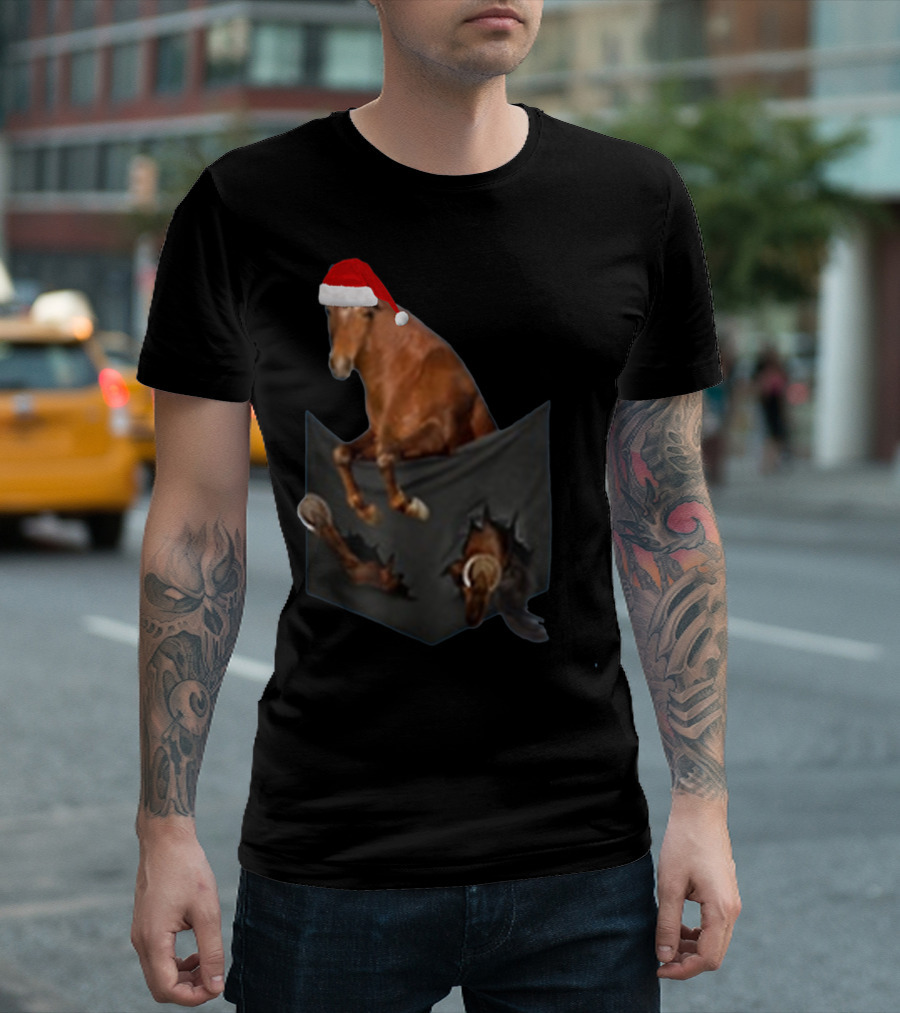 Santa Hat Criollo Horse Bursting from Pocket T-Shirt