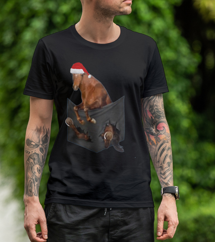 Santa Hat Criollo Horse Bursting From Pocket T-Shirt