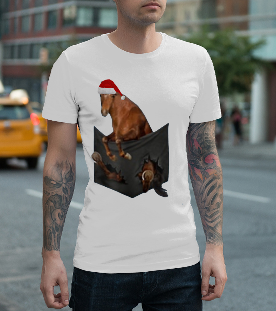 Santa Hat Criollo Horse Bursting from Pocket T-Shirt