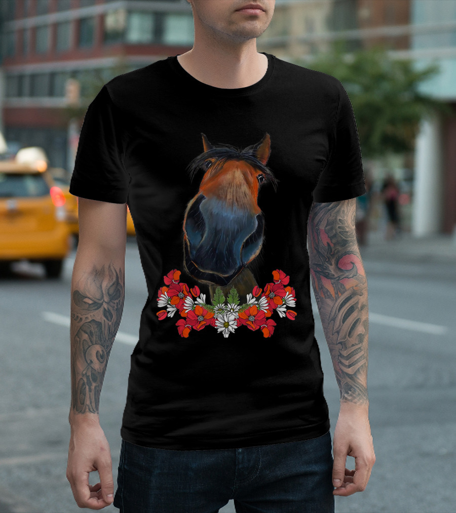 Adorable Horse with Red and White Flowers T-Shirt
