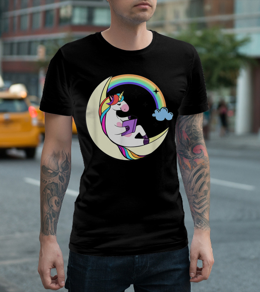 Unicorn Reading Book on Moon with Rainbow and Stars T-Shirt
