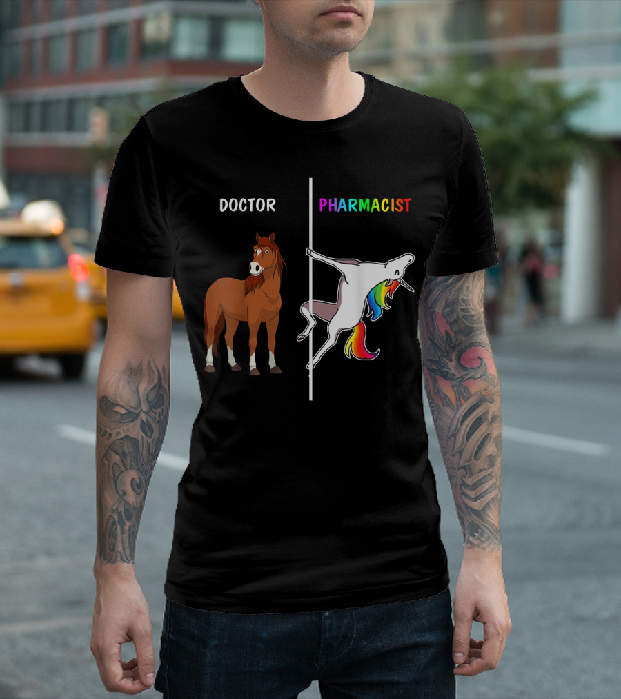 Doctor Horse vs. Pharmacist Unicorn Rainbow Contrast T-Shirt