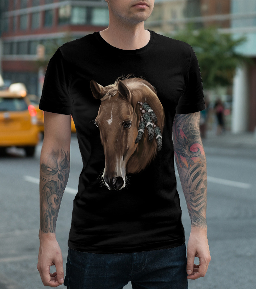 Cute Brown Tribal Horse with Feather Adornments T-Shirt