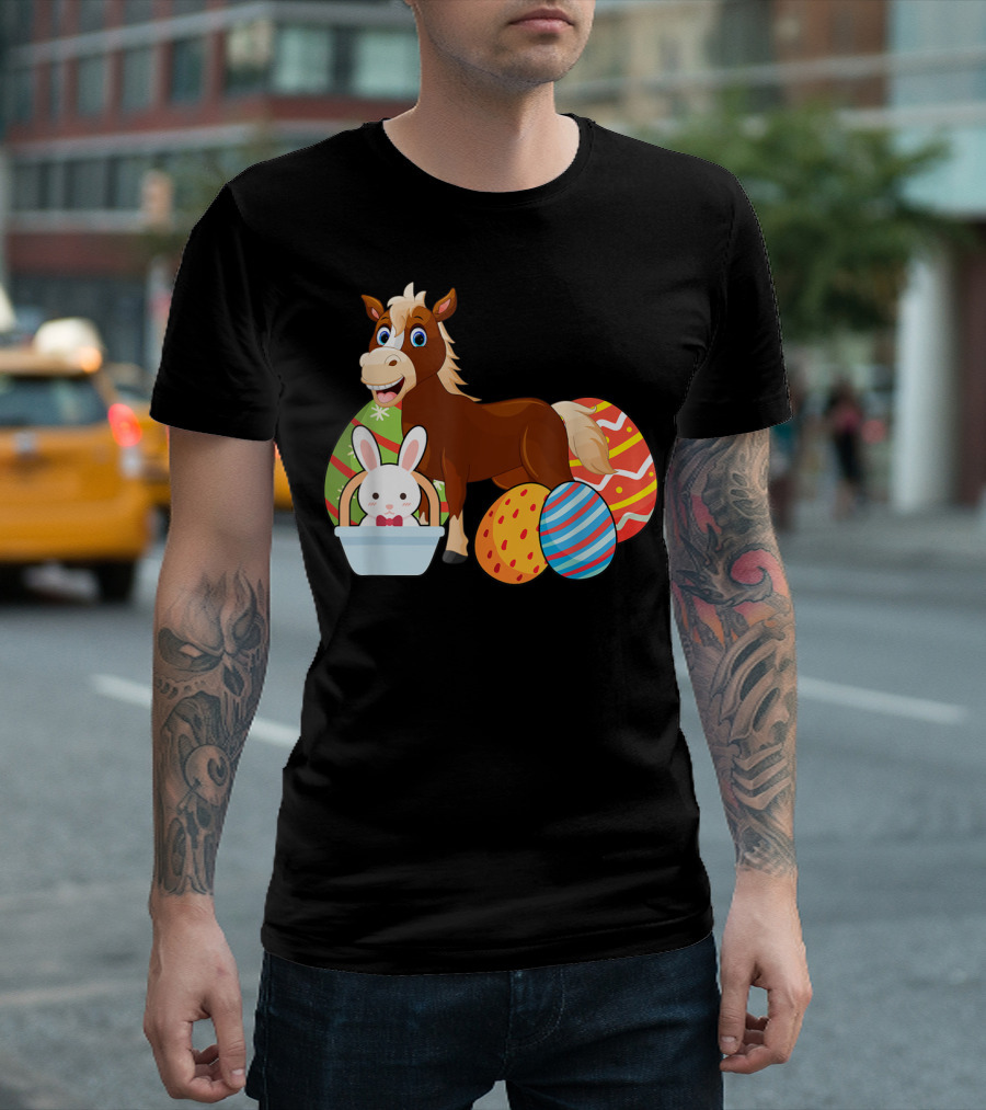 Funny Easter Horse Bunny With Colorful Eggs Happy Easter T-Shirt