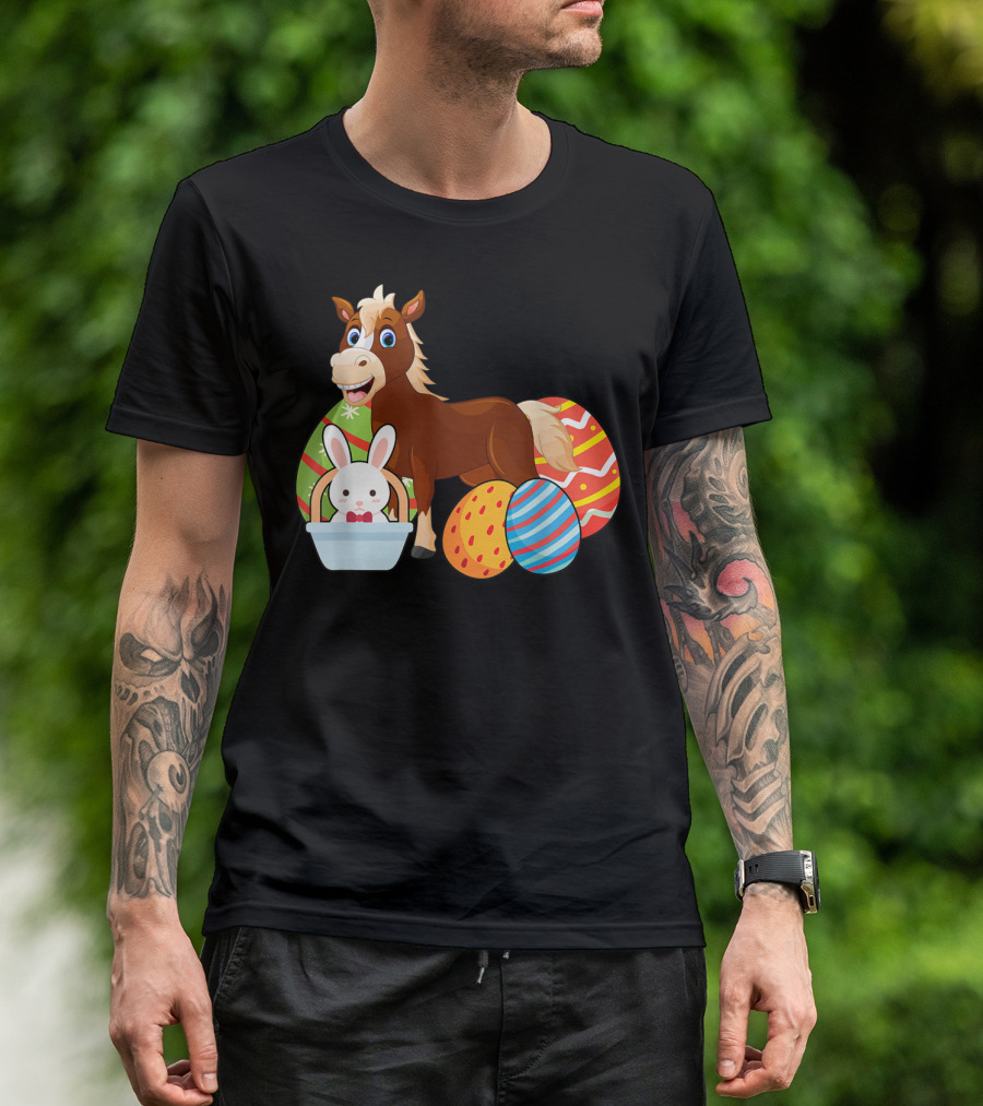 Funny Easter Horse Bunny With Colorful Eggs Happy Easter T-Shirt