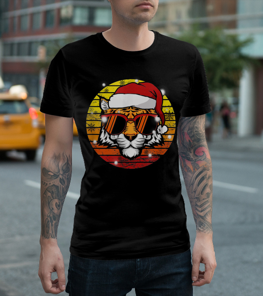 Christmas Tiger Wearing Vintage Santa Hat with Retro Sunglasses T-Shirt