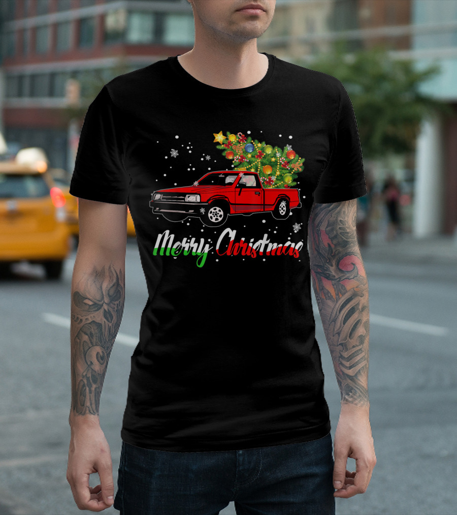 Merry Christmas Classic Old Red Truck with Christmas Tree and Snowflakes T-Shirt