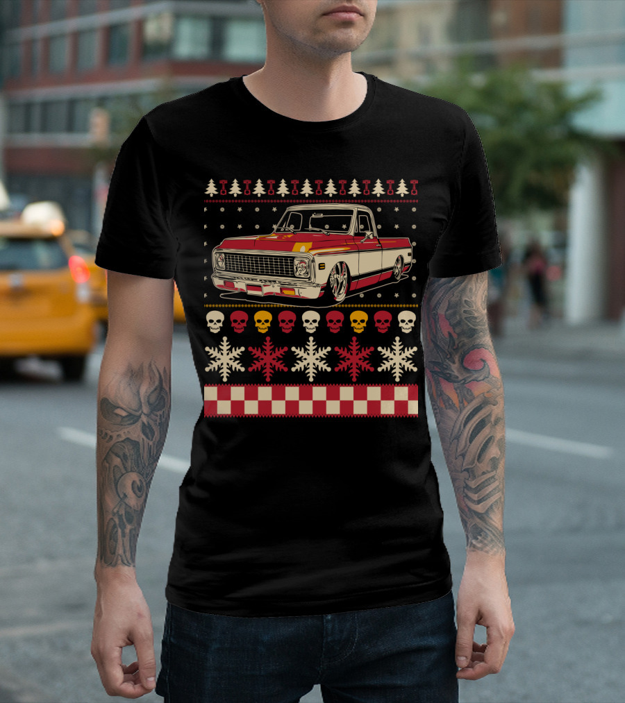 Classic Antique Pickup Truck Ugly Christmas Sweater Skulls Snowflakes T-Shirt