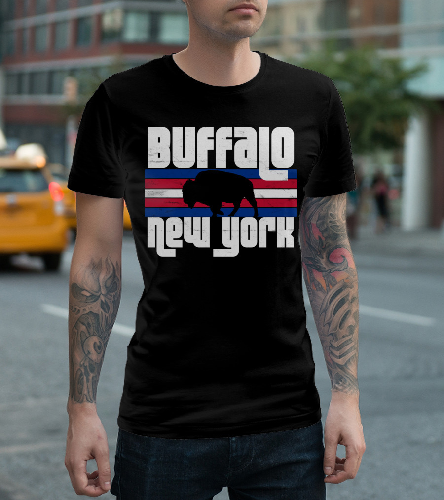 Buffalo New York Bison Silhouette Retro Stripes T-Shirt