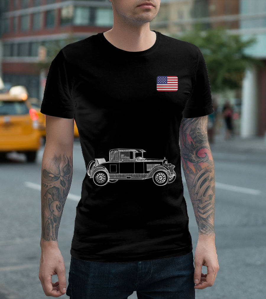 Classic Car USA American Flag Racing Patriotic Vintage Automobile T-Shirt