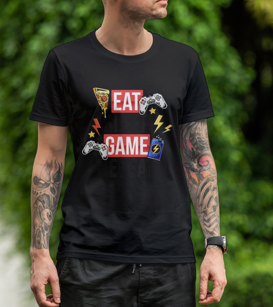 EAT SLEEP GAME REPEAT Pizza Controllers Lightning Energy T-Shirt