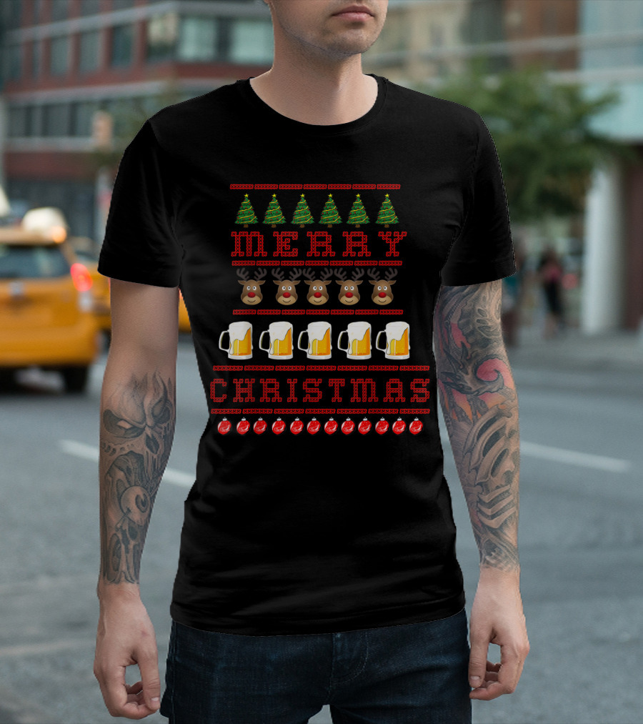 Merry Christmas Reindeer Beer Festive Ugly T-Shirt