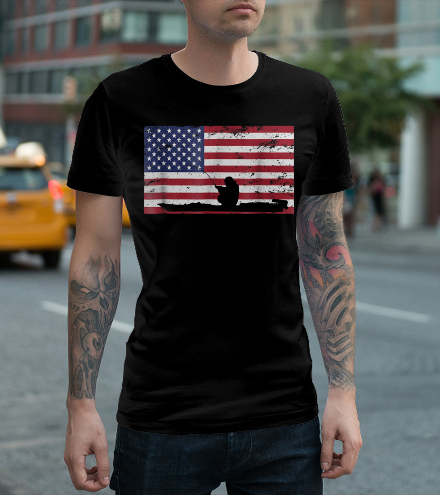 Kayak Fishing Silhouette on Distressed American Flag T-Shirt