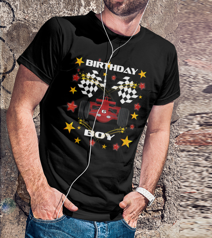 Birthday Boy 6 Racing Car Checkered Flags And Stars T-Shirt