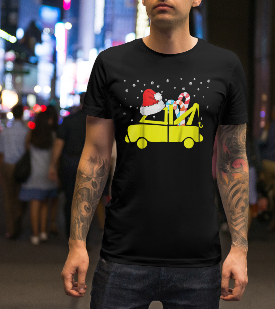 Kids Tow Truck Boys Christmas Santa Hat Candy Cane Snow T-Shirt