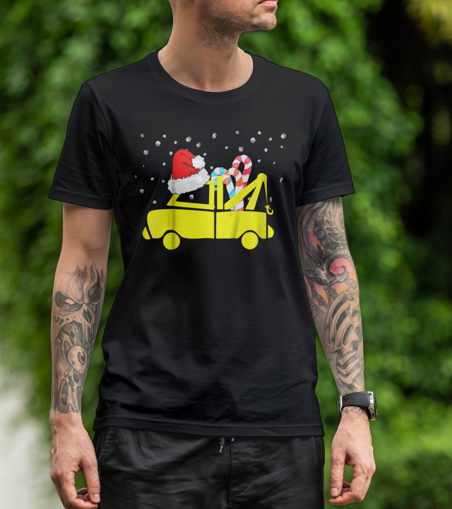 Kids Tow Truck Boys Christmas Santa Hat Candy Cane Snow T-Shirt