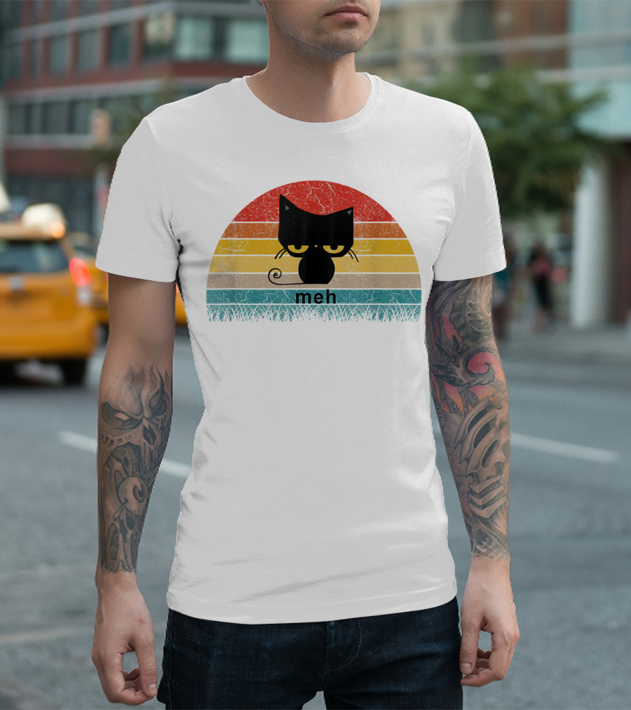 Meh Black Cat Retro Sunset Funny Cat Lovers T-Shirt