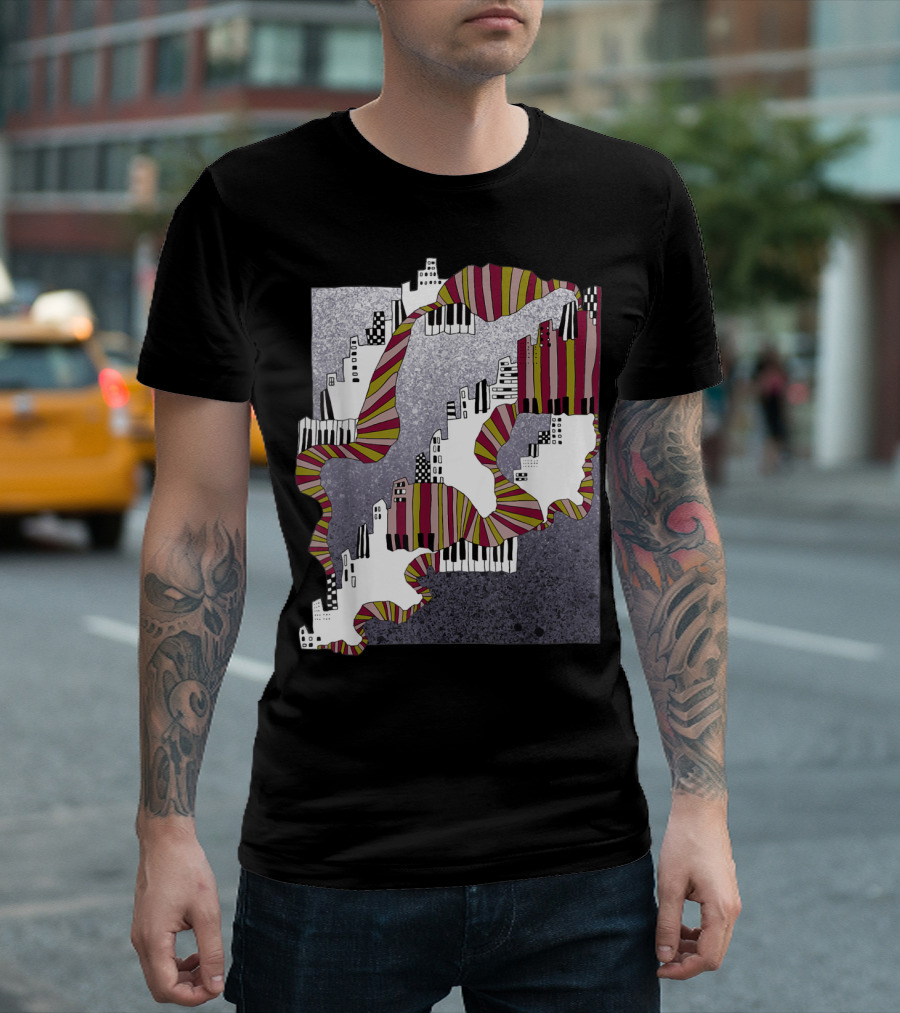 Mellow My Man Cityscape with 90s Hip Hop Piano Keys and Vibrant Stripes T-Shirt