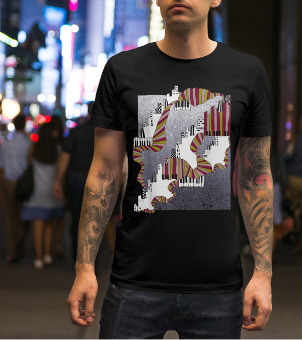 Mellow My Man Cityscape With 90s Hip Hop Piano Keys And Vibrant Stripes T-Shirt