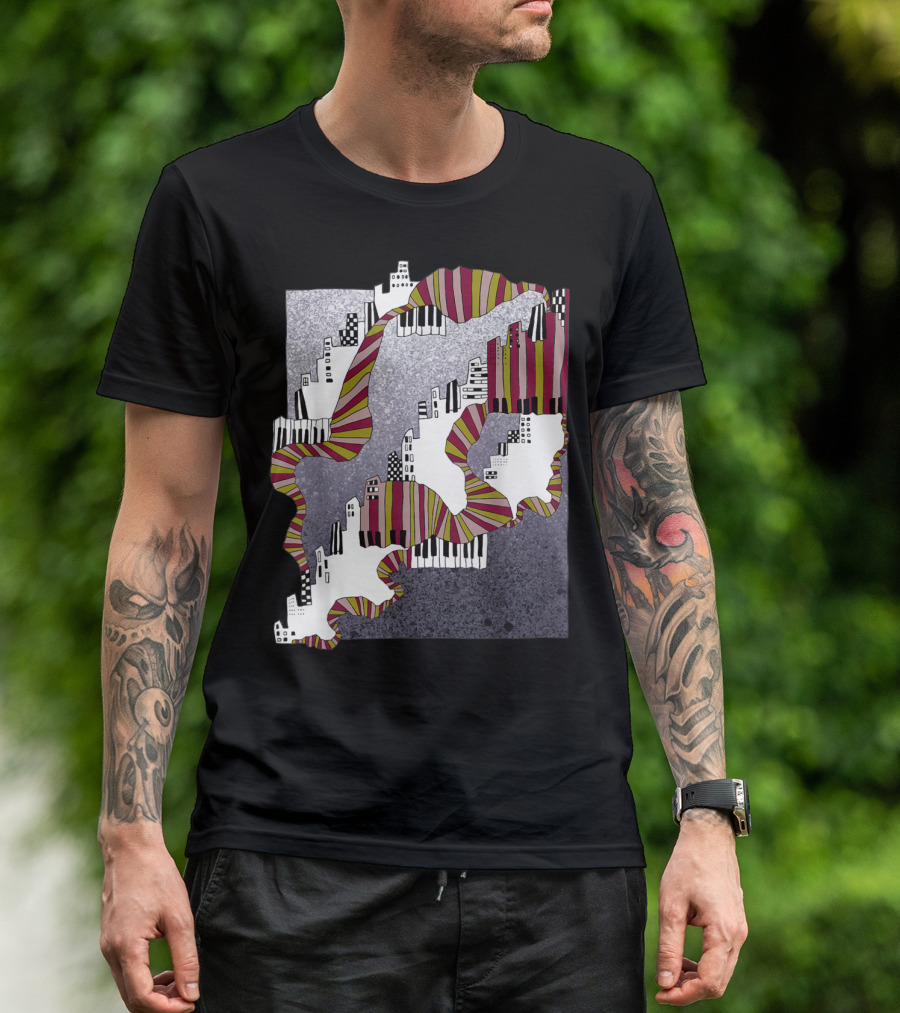 Mellow My Man Cityscape With 90s Hip Hop Piano Keys And Vibrant Stripes T-Shirt