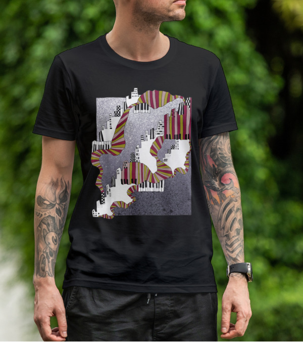 Mellow My Man Cityscape With 90s Hip Hop Piano Keys And Vibrant Stripes T-Shirt
