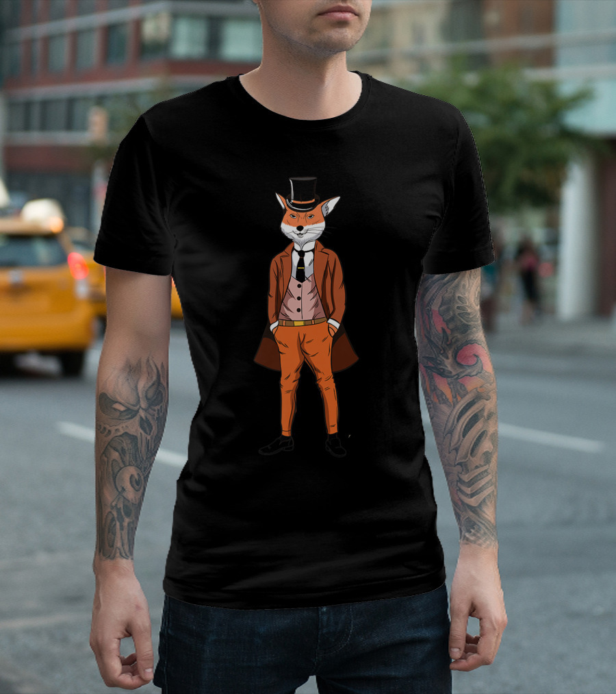 Mens Cool Red Fox Wearing Three Piece Suit and Tie with Top Hat T-Shirt