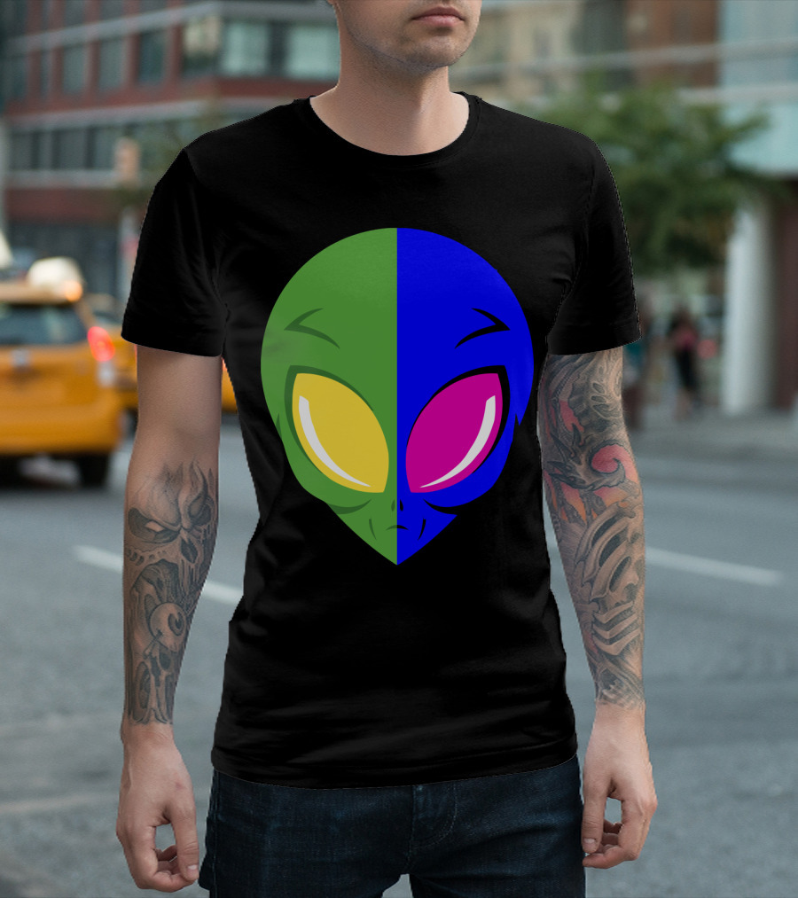 Mens Glow In The Dark Alien Head Dual Colors Green Blue Yellow Pink T-Shirt