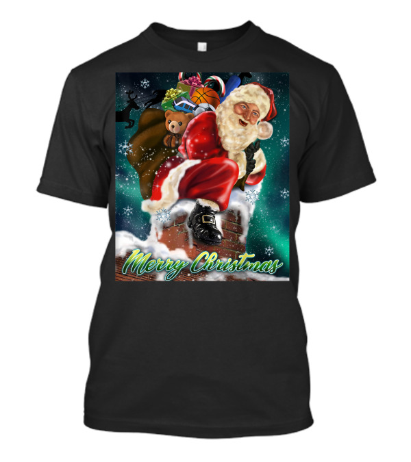 Merry Christmas Santa Claus On Chimney With Toy Sack Holiday Scene T-Shirt