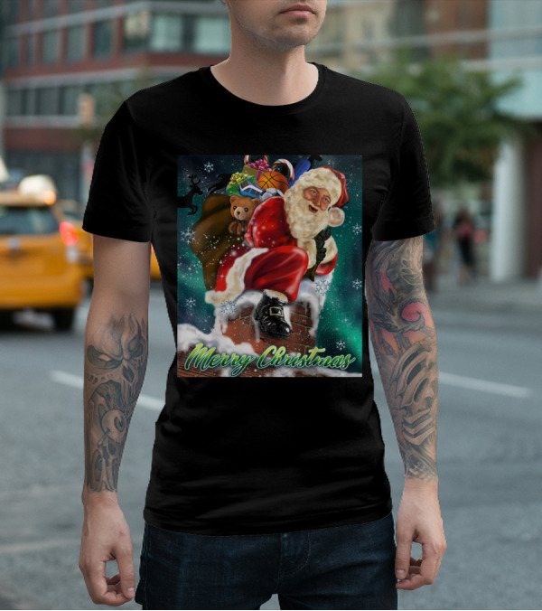 Merry Christmas Santa Claus On Chimney With Toy Sack Holiday Scene T-Shirt