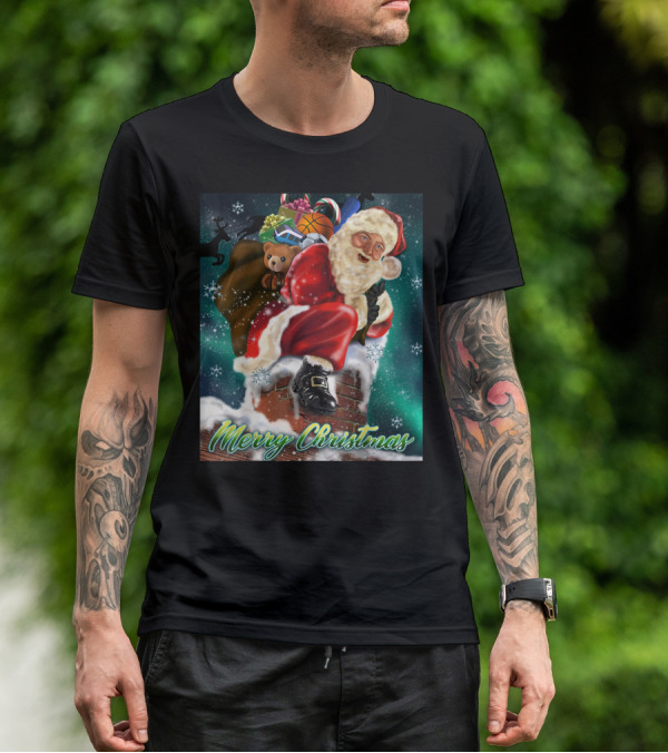 Merry Christmas Santa Claus On Chimney With Toy Sack Holiday Scene T-Shirt