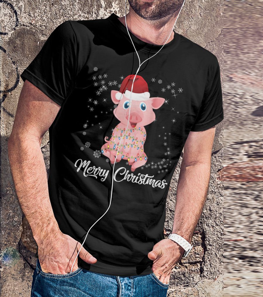 Merry Christmas Pig Santa Hat Wrapped In Holiday Lights T-Shirt