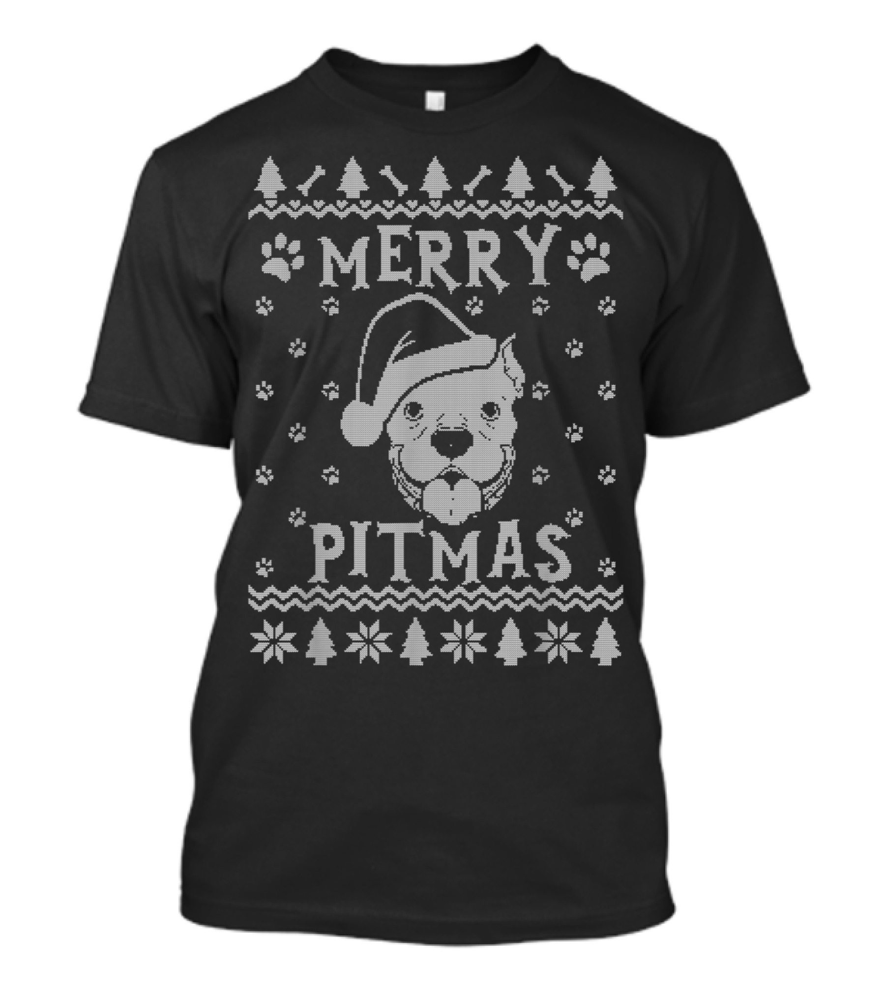 Merry Pitmas Christmas Pitbull Santa Hat Paw Trees Snowflakes T-Shirt