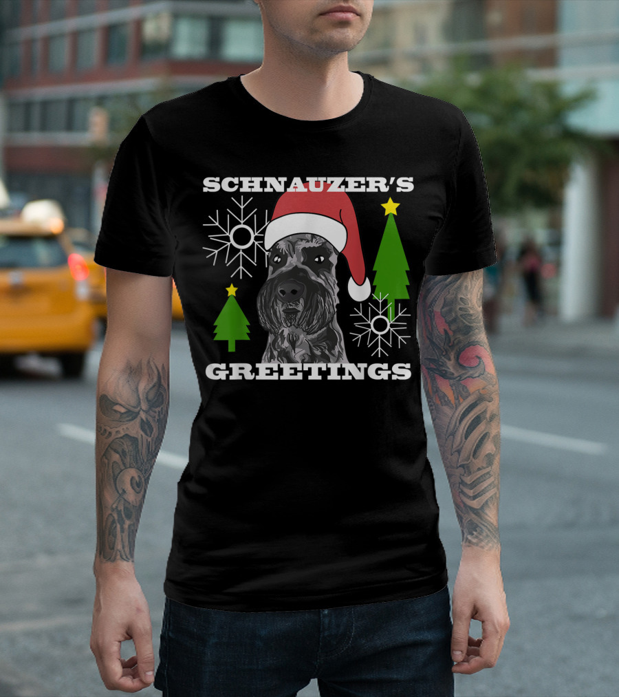 Schnauzer's Greetings Santa Hat Christmas Trees Snowflakes T-Shirt